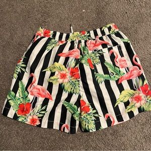Quick Dry Floral Flamingo Mens l Black White Striped Swim Trunks